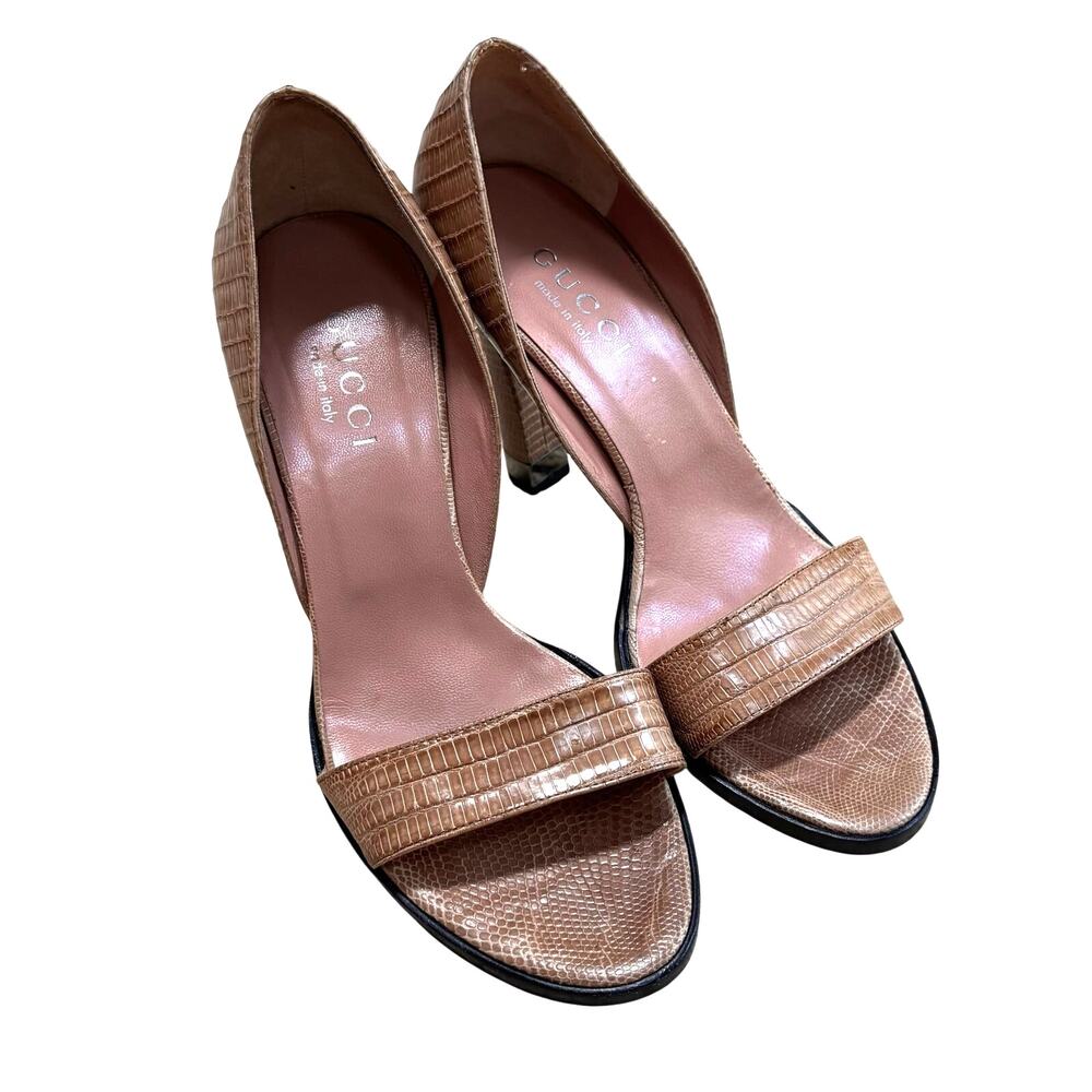 Vintage 90s Gucci 7B high heel D’Orsay dressy sandals sexy shoes nude snakeskin